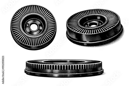Slide projector carousel tray, one circular slide tray depicted in three views including top view, angled perspective, and side view with evenly spaced slide