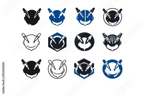 Scalp treatment session. Icon set. Set Logo of scalp treatment session: head top view. harmonious logo variations of the same emblematic concept, each with