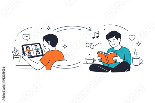 Remote work balance. A person switching between a video call on a tablet and a personal task, with gentle motion lines showing smooth transitions. The scene