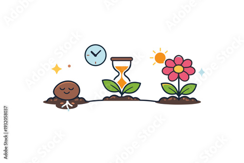 Late bloomers mindset expressing patience and inner confidence, represented by a calm seed transforming into a flower under soft sunlight symbols of time and