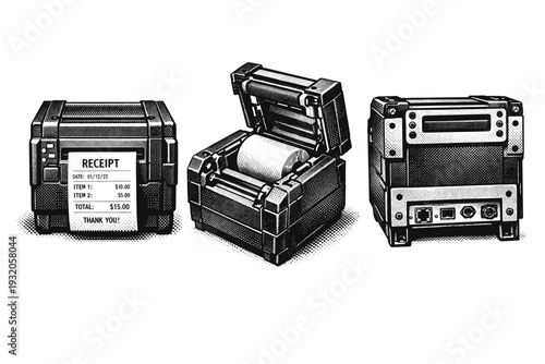 Receipt Printer ? Industrial receipt printer shown in front operational view, angled view, and rear mounting view, emphasizing durable casing and internal
