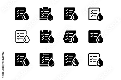 Oil check chart. Icon set. Set Logo of Oil check chart: maintenance report sheet with oil icon. harmonious logo variations of the same emblematic concept, each