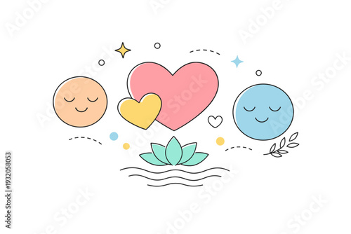Emotional wellness concept. An abstract editorial composition combining heart symbols, calm faces, and gentle decorative elements in a clean layout. The
