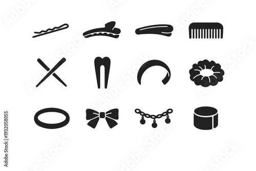 Hair Accessories Set. Solid icon set of Hair Accessories Set: hairpin, hair clip, hair barrette, hair comb, hair stick, hair fork, headband, scrunchie, elastic
