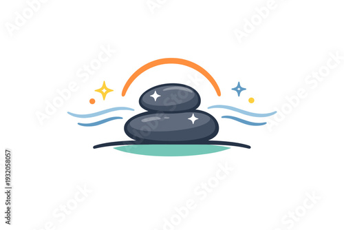 Mindfulness emotional balance represented by a centered stone with subtle sparkles and soft lines, suggesting stability, patience and inner harmony. A clean