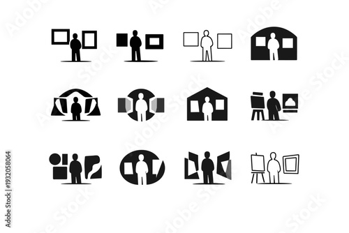 Art festivals and exhibitions. Icon set. Set Logo of Art festivals and exhibitions: gallery visitor silhouette. harmonious logo variations of the