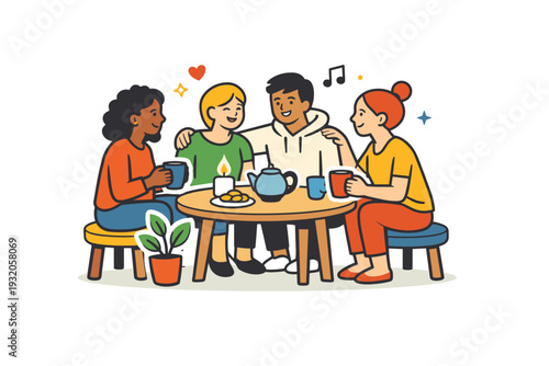 Chosen family in everyday life illustrated by friends gathered around a small table, communicating comfort, safety, and a sense of home. A friendly editorial