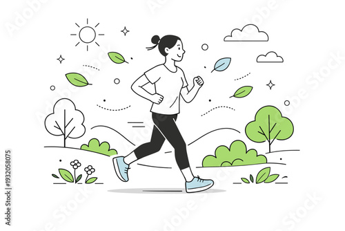 Morning exercise. A person jogging in a park surrounded by greenery, radiating energy and wellness. Calm, motivating scene with subtle floating abstract leaves