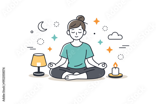 Evening meditation. A person meditating by candlelight or soft lamp glow, relaxed posture, eyes closed, calm reflective atmosphere, subtle floating stars and