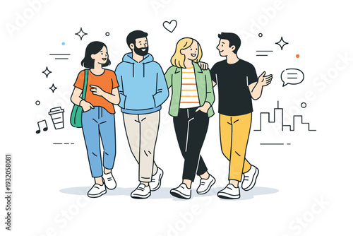 Maintaining adult friendships. Friends walking together in an urban setting, casual pace and easy interaction. Sense of continuity and shared routine, minimal