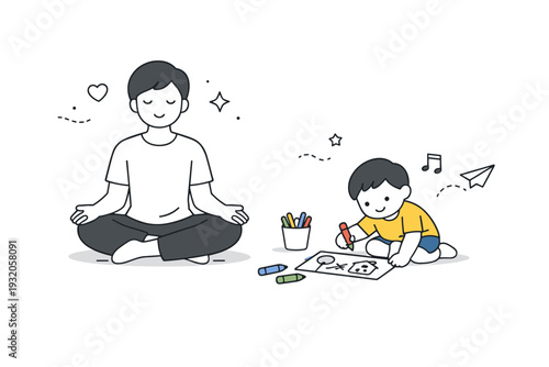 Self-compassion practice. A person sitting quietly while a small playful inner child figure draws or plays nearby. The atmosphere feels gentle, accepting and