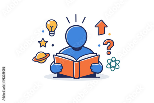 Self development focused on a calm figure reading a book with light rays and abstract symbols around, expressing learning, curiosity, and continuous