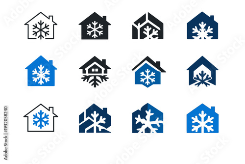 Winterizing your home for cold weather. Icon set. Set Logo of Winterizing your home for cold weather: house with snowflake. harmonious logo variations of the