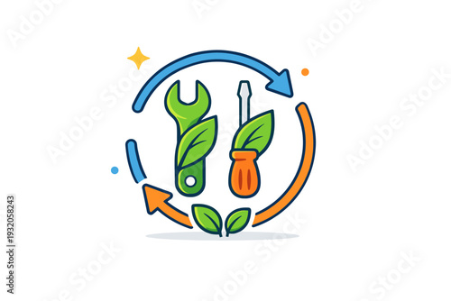 Repair culture sustainability concept highlighting waste reduction, illustrated by tools transforming into leaves and circular arrows suggesting reuse and