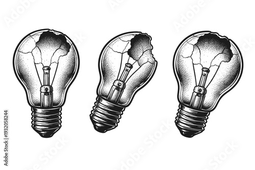 Light bulb icon broken bulb object displayed as the same cracked light bulb shown from front, side, and three-quarter angles, carefully depicting fractured