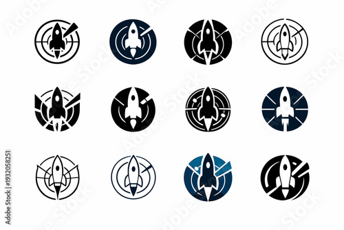 rocket range. Icon set. Set Logo of rocket range: radar tracking rocket. harmonious logo variations of the same emblematic concept, each with different