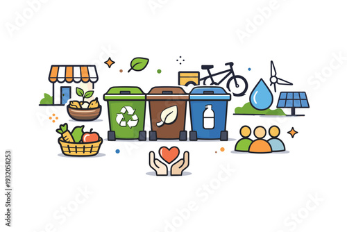 Low waste systems at community scale expressed by shared bins and simple service icons grouped together, highlighting collective effort and local
