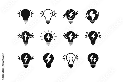 Flickering Light Bulb. Icon set. Set Logo of Flickering Light Bulb: electric pulse bulb. harmonious logo variations of the same emblematic concept, each with