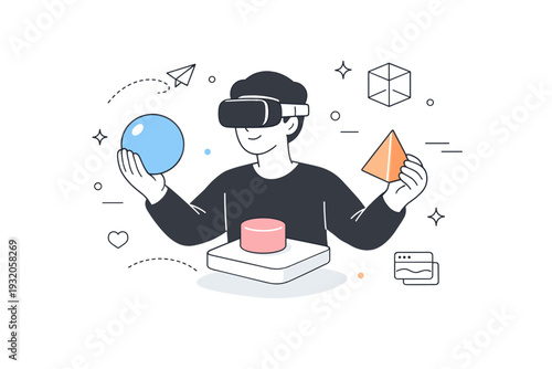 Virtual reality future. A person wearing a VR headset, interacting with soft geometric virtual objects. The illustration suggests immersion, creativity, and