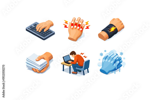 Hand pain causes. Isometric flat vector icons set of Hand pain causes: repetitive strain hand, arthritis hand joint, carpal tunnel wrist, overworked fingers,