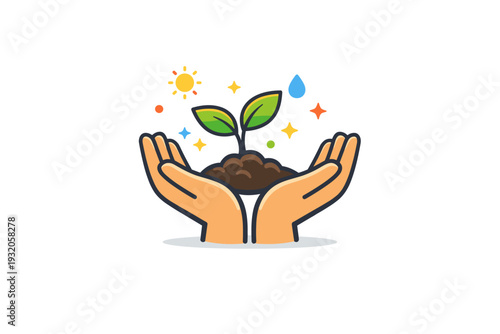 Sustainable lifestyle represented by hands gently holding a young plant with tiny spark elements around it. The scene expresses care, long term impact, and