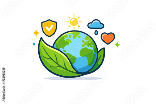 Climate action focused on a simple globe embraced by a green leaf and subtle protection symbols, expressing collective responsibility and care for the planet?s