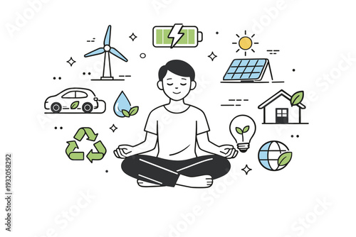 Eco-friendly technology. Abstract clean energy devices and icons floating around a calm human figure. The illustration conveys harmony between technology and