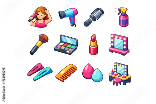 Hair Styling & Makeup. Colorful isometric vector icons set of hair styling & makeup: person styling hair, blow dryer, round hair brush, hair spray bottle,
