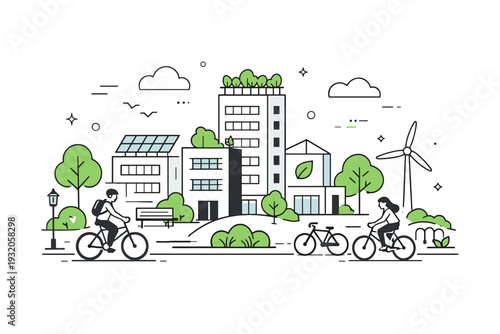 Green urban environment. Buildings combined with trees, bicycles, and clean streets, showing harmony between city life and nature. Peaceful sustainable future