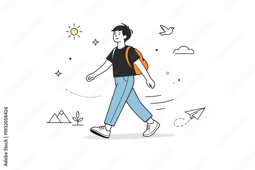 Obraz premium Personal freedom. A relaxed character walking freely without barriers, with gentle motion lines showing movement forward. The illustration communicates