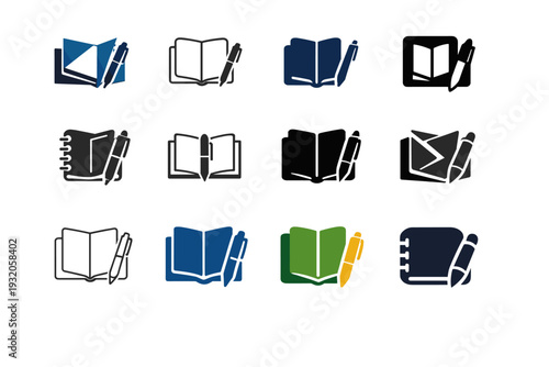 work desk. Icon set. Set Logo of work desk: notebook and pen. harmonious logo variations of the same emblematic concept, each with different artistic