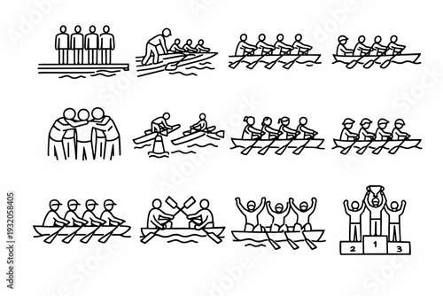 Team Rowing Events. Line icon set of Team Rowing Events: team lineup dock, crew boat launch, synchronized rowing, coxswain steering, team huddle, relay rowing