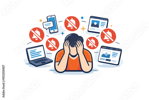 Digital burnout visualized by a person surrounded by floating screens and muted notification icons closing in from all sides. The scene represents information