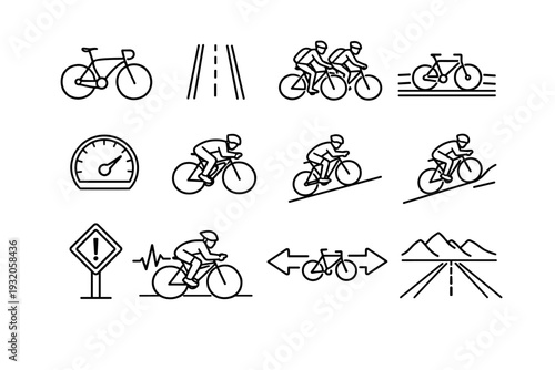 Road Cycling. Line icon set of Road Cycling: road bike, smooth asphalt, long distance ride, cycling lane, speedometer, racing cyclist, downhill ride, uphill