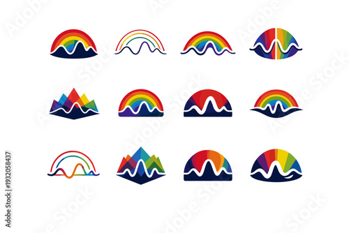 Physics discoveries. Icon set. Set Logo of physics discoveries: light wave spectrum. harmonious logo variations of the same emblematic concept, each with