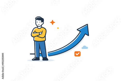 Quiet ambition expressing steady inner drive without loud signals, shown through a calm character standing beside a gently rising arrow that suggests progress