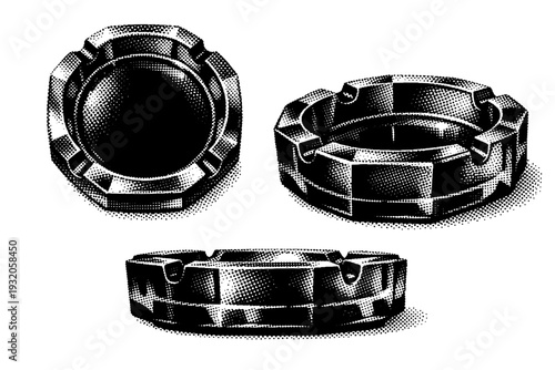 Ashtray glass ashtray with faceted edges and heavy base, transparent form translated into solid black mass and dots. Black and white dot style with halftone