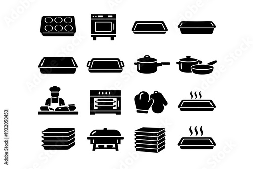 Professional kitchen. Solid icon set of Professional kitchen: commercial baking tray, industrial oven tray, stainless steel tray, food prep tray, bulk baking