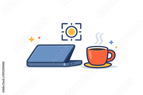 Slow productivity conveyed through a laptop partially closed beside a warm cup and a single focus icon. The scene emphasizes intentional limits deep work and
