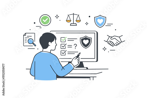 Ethical review and control. A person checking symbols and indicators on a screen, sense of responsibility and trust, calm monitoring with simple icons floating
