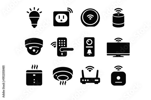 Smart Home Devices. Solid icon set of Smart Home Devices: smart light bulb, smart plug, smart thermostat, smart speaker, smart camera, smart door lock, smart