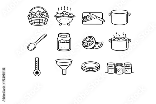 Homemade Jam Making. Line icon set of Homemade Jam Making: fresh fruit basket, washing fruits, cutting fruit, cooking pot, stirring spoon, sugar jar, lemon