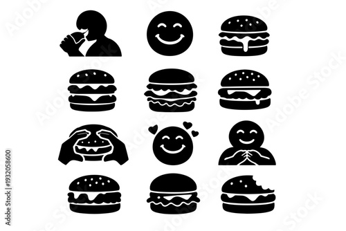 Burger enjoyment. Solid icon set of Burger enjoyment: person biting burger, happy eater, burger with all toppings, dripping cheese burger, double patty burger,