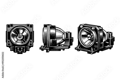 Slide projector bulb module, a single projector lamp unit illustrated in three views including front view, side view, and three-quarter angle with realistic