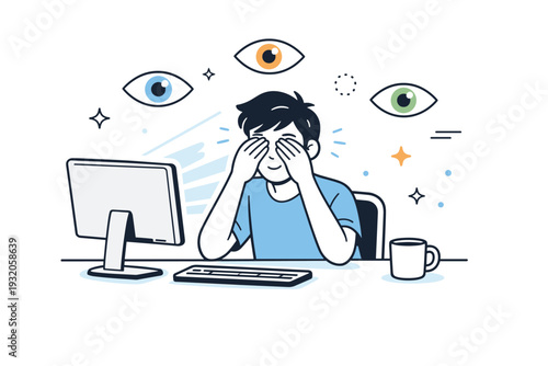 Eye strain from screens. Person rubbing eyes while sitting at a desk with a monitor, feeling of fatigue but calm awareness. Floating eye icons and light rays