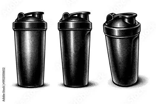 Protein shaker bottle with cylindrical body and screw-on lid shown in front view, side view, and three-quarter angle with realistic proportions and surface