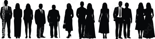 Diverse people silhouettes vector illustration, men and women in suits dresses casual wear, social dynamics artwork