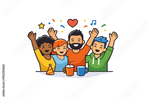 Chosen family celebration captured in a small joyful moment with raised hands or subtle confetti elements, conveying gratitude, joy, and togetherness. An