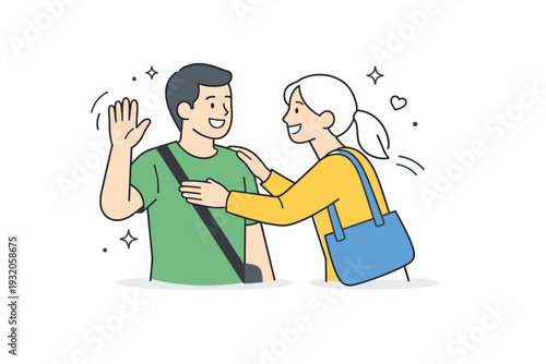 Reconnecting with friends. Two adults greeting each other with a warm wave or light hug, sense of familiarity. Moment of reunion and positive emotion, gentle