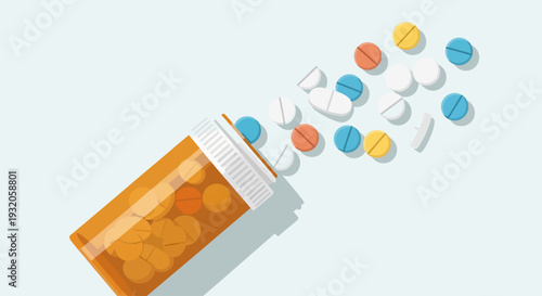 An amber prescription pill bottle tipped over, spilling a variety of colorful pills onto a light blue background.
